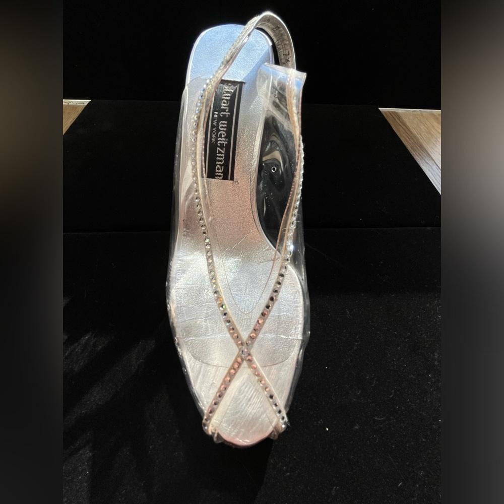 STUART WEITZMAN Clear Peep Toe Sling Back Silver Vintage Heels
